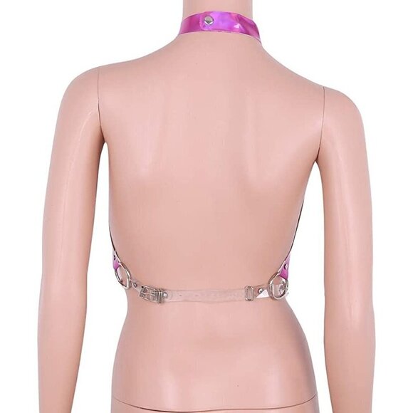 Pink Hologram Body Chest Harness Cage Bra Choker Chain Costume Pasties Festival - Picture 8 of 8
